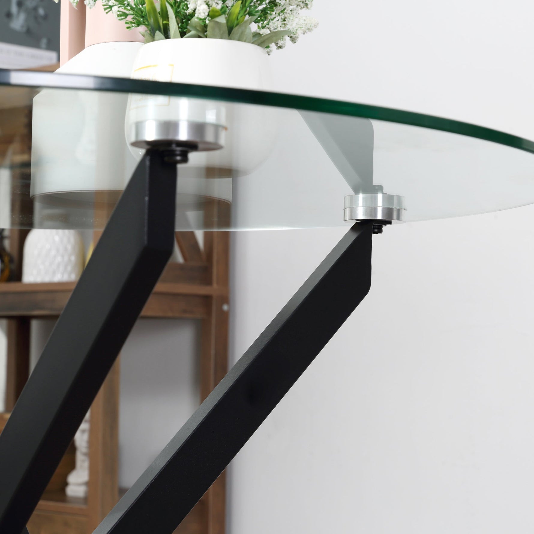 Coffee Table, Round Glass Side Table with Safety Glass, Black Metal Frame