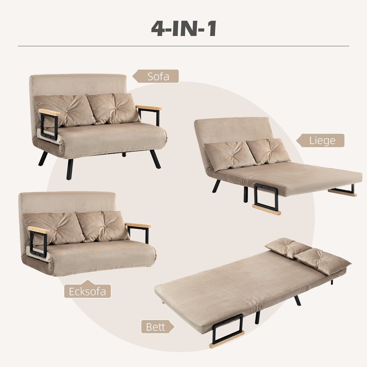 2-Seater Sofa Sleeper, Adjustable Backrest, Velvet Look Light Brown