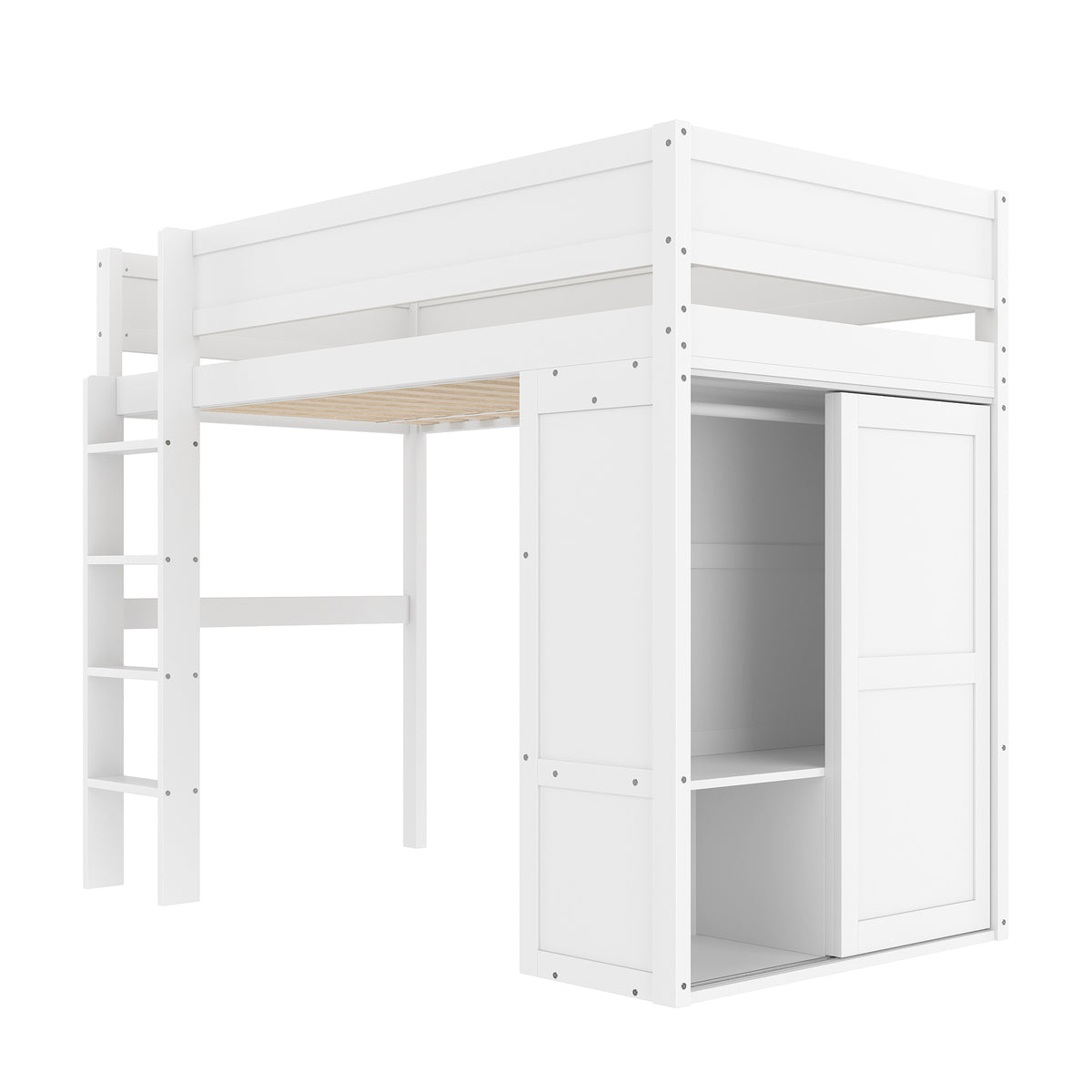 Loft Bed 90x200cm with Wardrobe & Storage, White Pine Wood