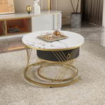 Modular Coffee Table Set of 2, Marble Look Drawers Gold Decor