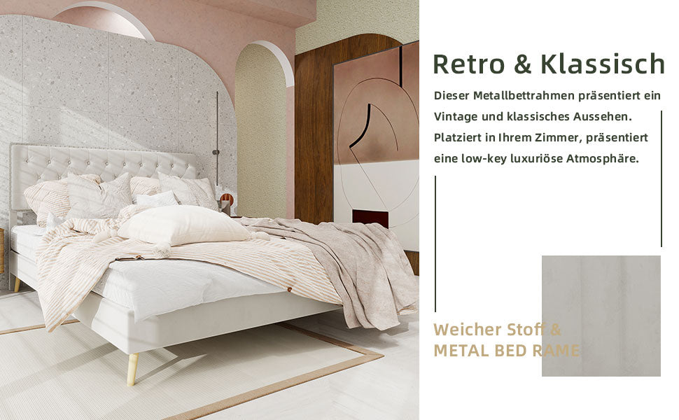 Modern Minimalist Soft Bed, Comfortable Headboard, Low Box Frame, 140x200CM, Beige