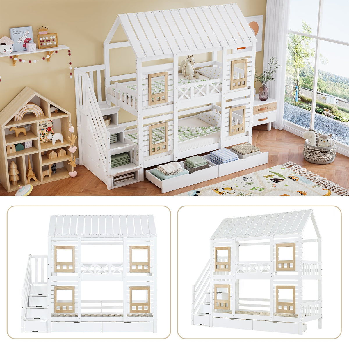 Bunk Bed Children's 90x200cm Safety Rail Storage Drawers Stairs, Pine+MDF White/Natural