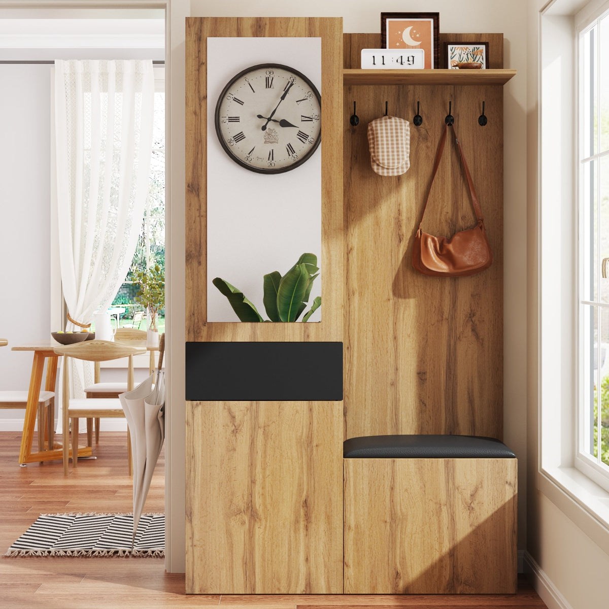 Wardrobe Set: 5 Hooks, Mirror, Shoe Cabinet, Built-in Storage, Hallway Bench.