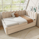 L-shaped Upholstered Bed, Sofa Bed 140x200 cm, Floral Backrest, Pull-Out Bed, Beige Velvet