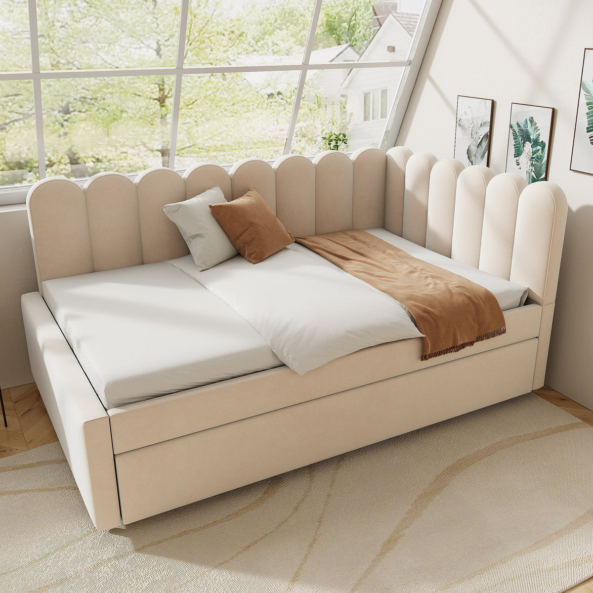 L-shaped Upholstered Bed, Sofa Bed 140x200 cm, Floral Backrest, Pull-Out Bed, Beige Velvet