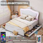 Children's Bed Upholstered with Storage Drawers & LED Lights, White PU Leather