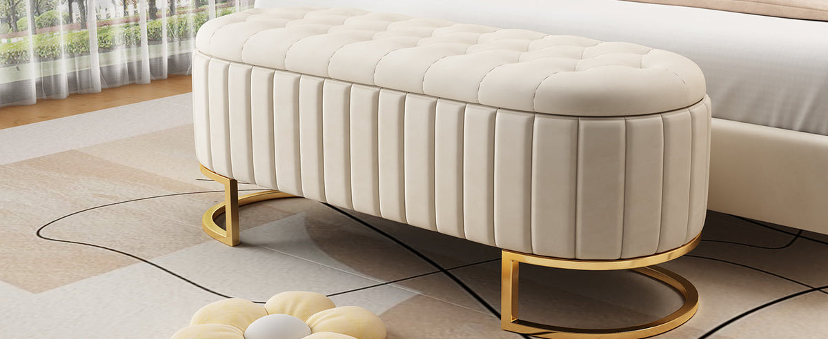 Sofa Bench Footstool with Storage, 120x40cm, Beige Velvet Fabric
