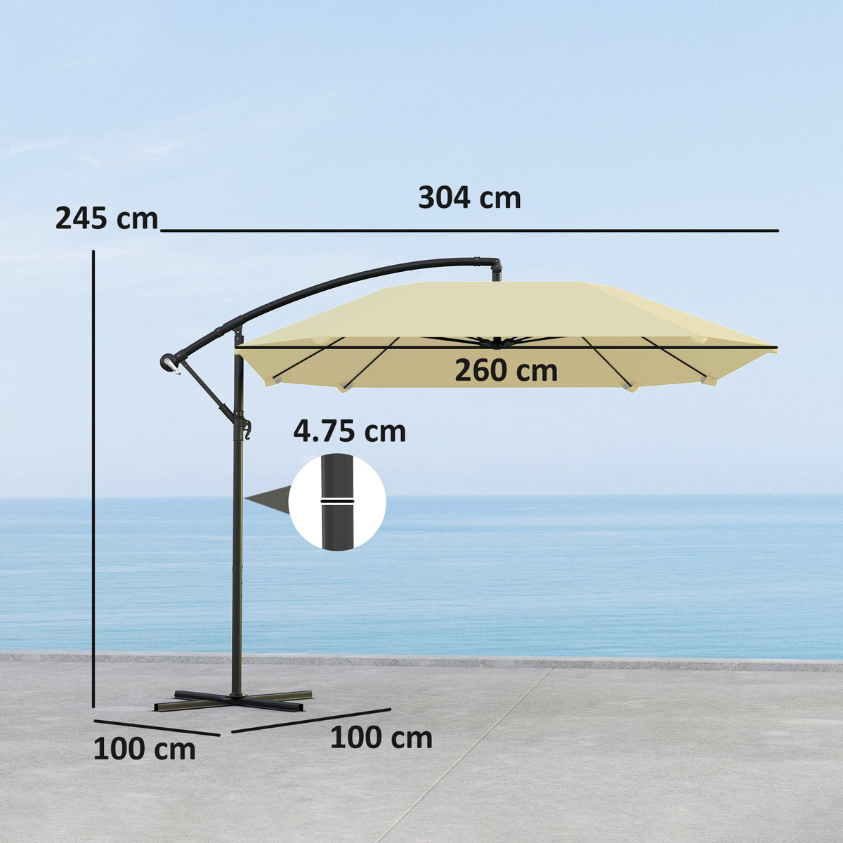 Cantilever Umbrella, Ø 260 cm, Waterproof, Tiltable, Aluminum, Beige