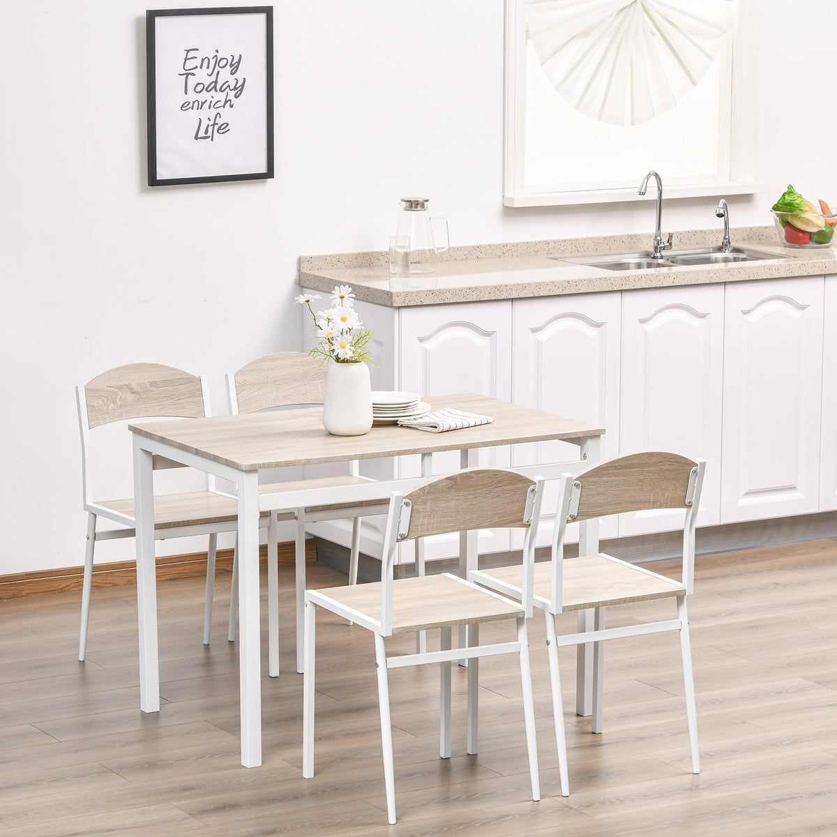 Dining Set 5-Piece Table & 4 Chairs Wood Grain MDF/Metal Grey/White