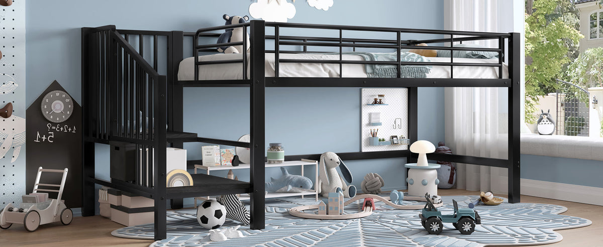 Semi-High Loft Bed 90x200 Storage Stairs Black