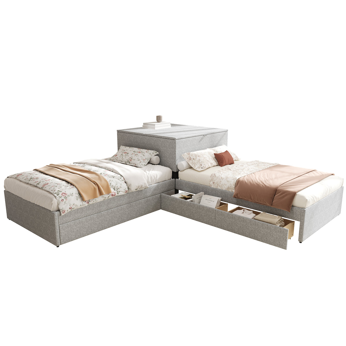 Corner Bed with Trundle & Storage, 90x200 cm, Grey Linen