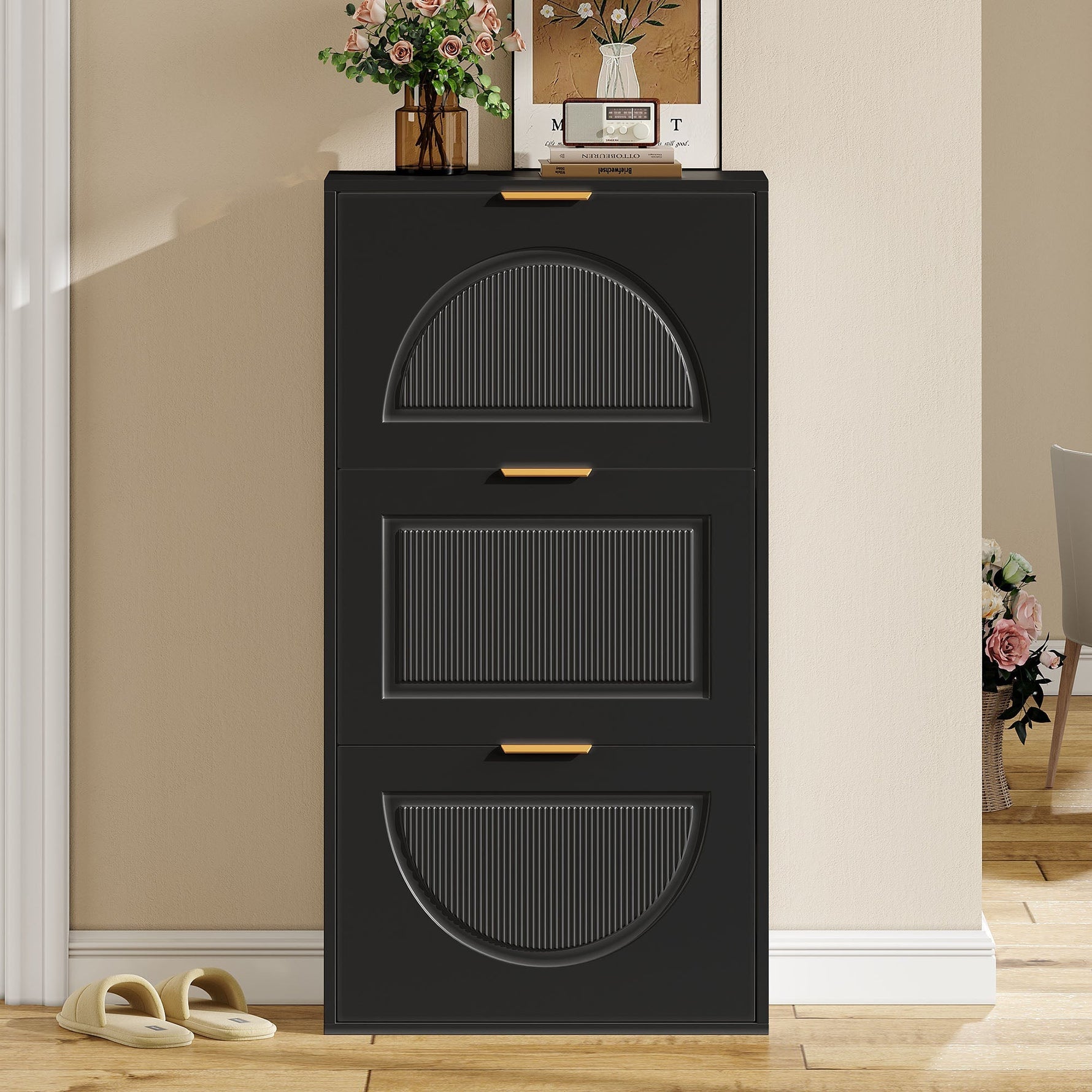 Narrow Shoe Cabinet with 3 Doors for Hallway and Living Room, Black