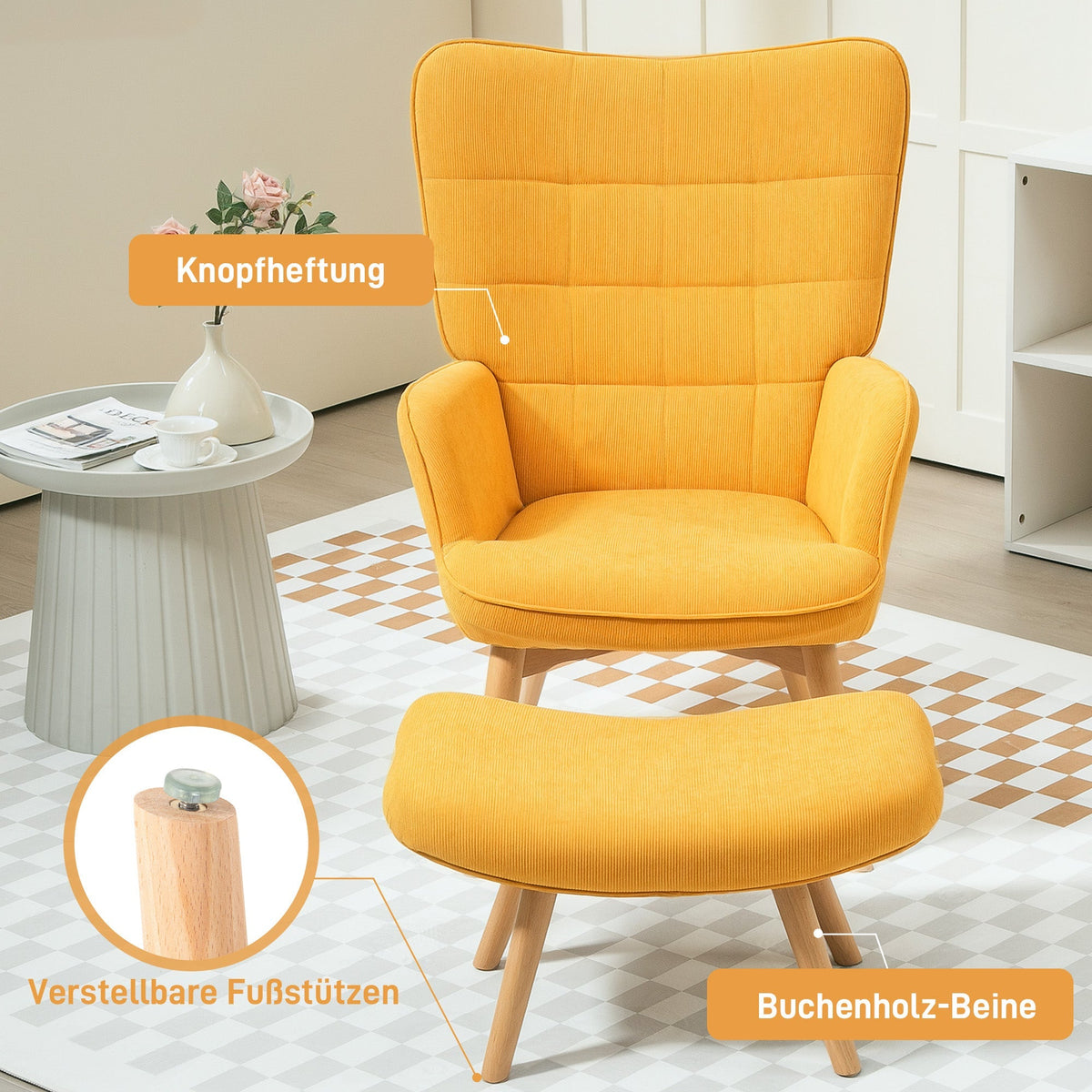 Wingback Chair with Footstool Recliner Wooden Legs, Corduroy Orange