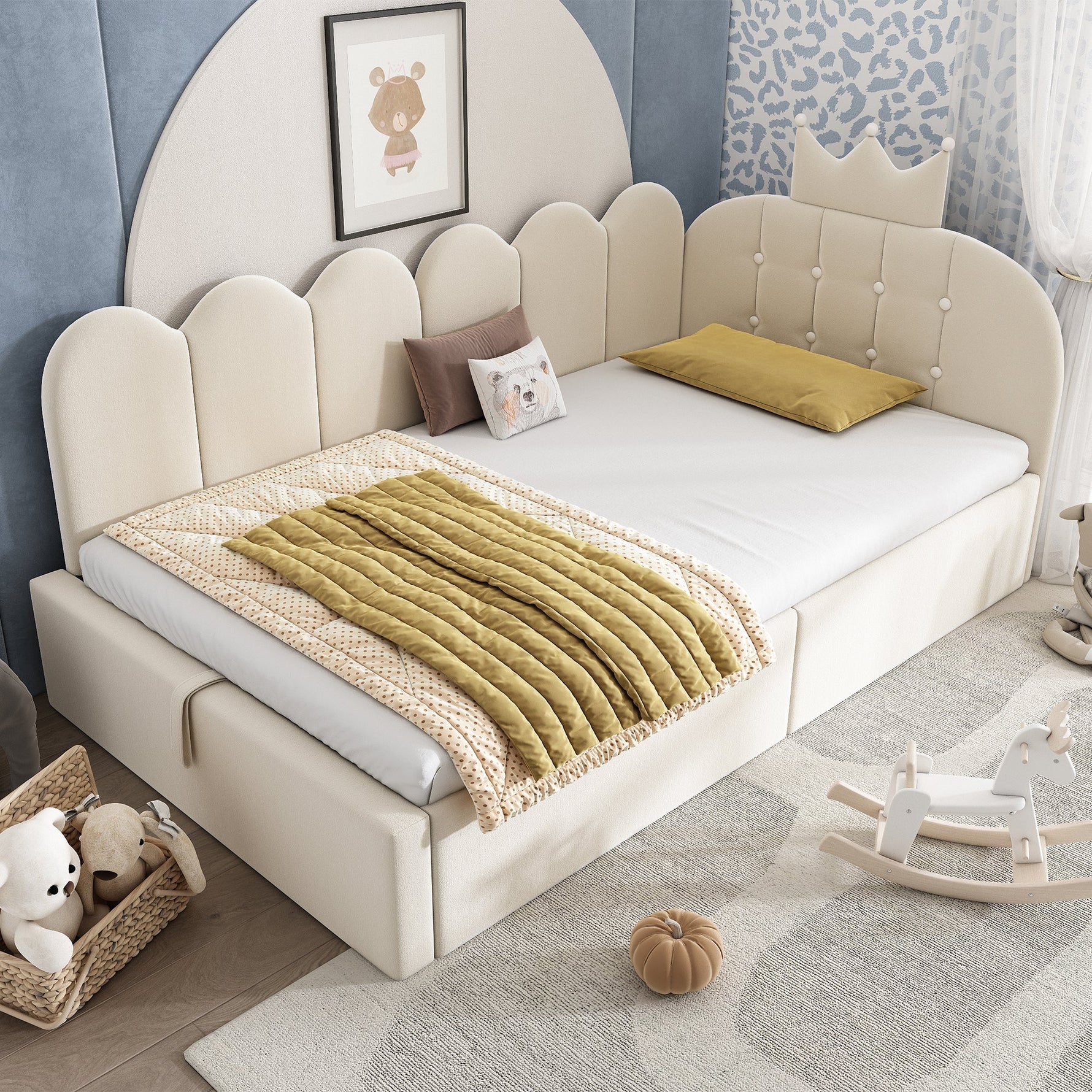 L-Shaped Upholstered Daybed with Hydraulic Storage and Crown-Lattice Design, 90x190cm, Beige Velvet