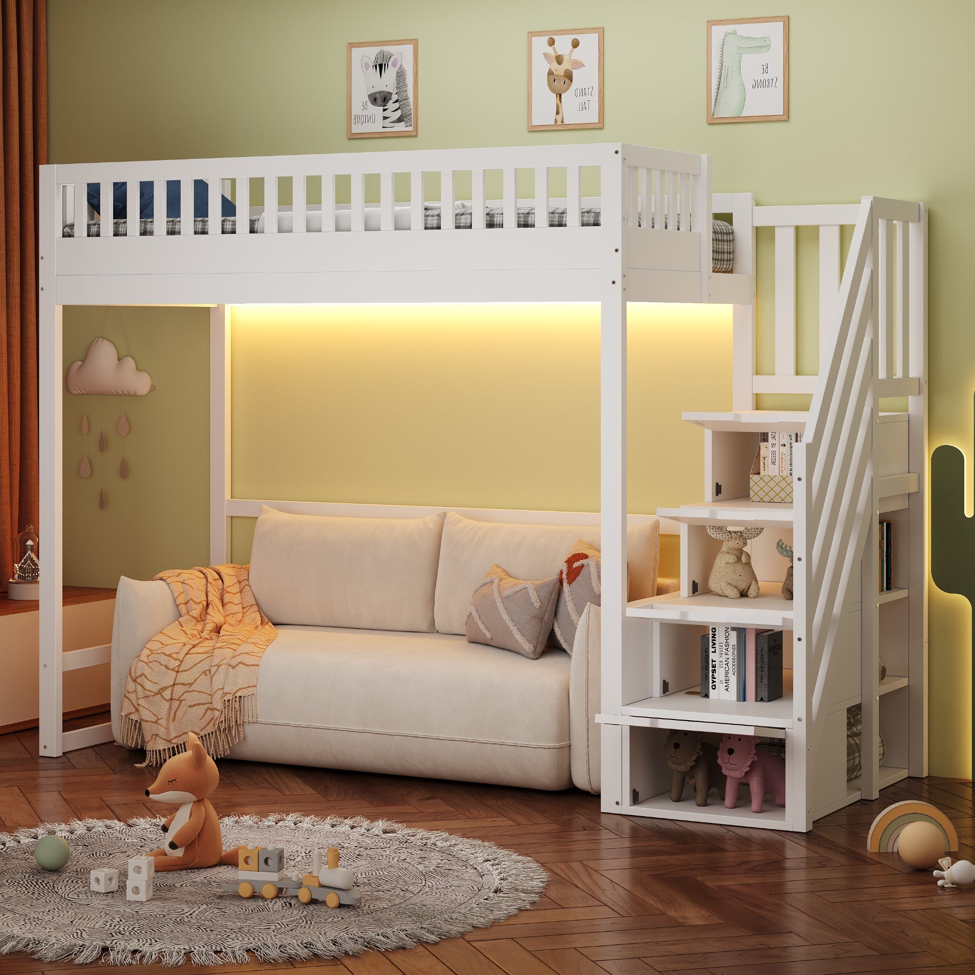 Loft Bed with LED Light Strip and Interchangeable Safety Ladders, 90x200cm, White Solid Pine Wood