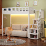 Loft Bed with LED Light Strip and Interchangeable Safety Ladders, 90x200cm, White Solid Pine Wood