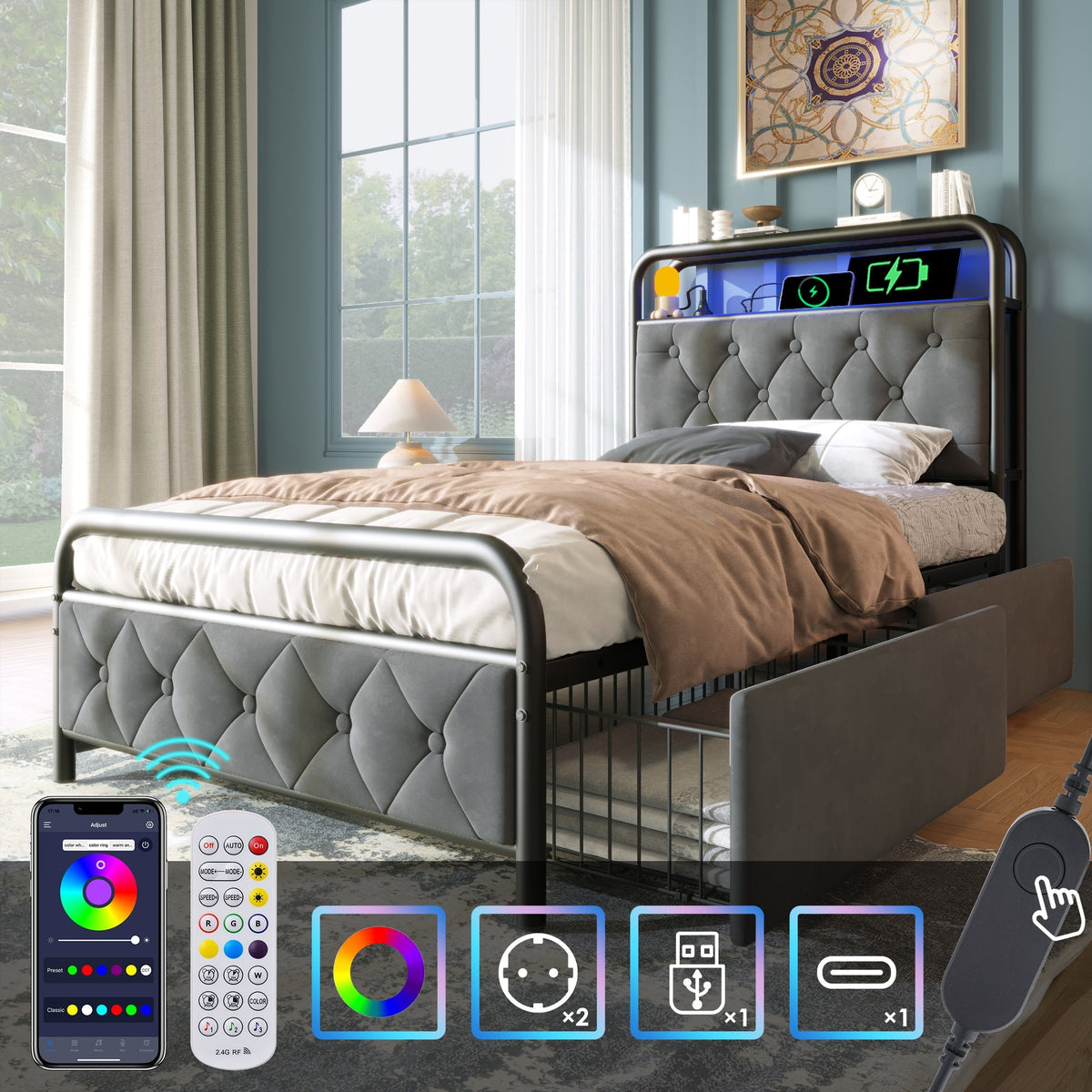 Upholstered Single Bed with USB Type C, LED & 2 Drawers, 90x200, Velvet