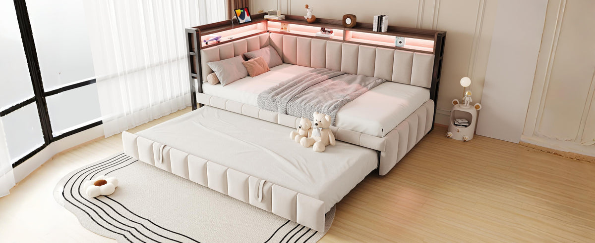 Upholstered Sofa Bed 90x200cm with Pull-Out Bed & LED, Beige Velvet