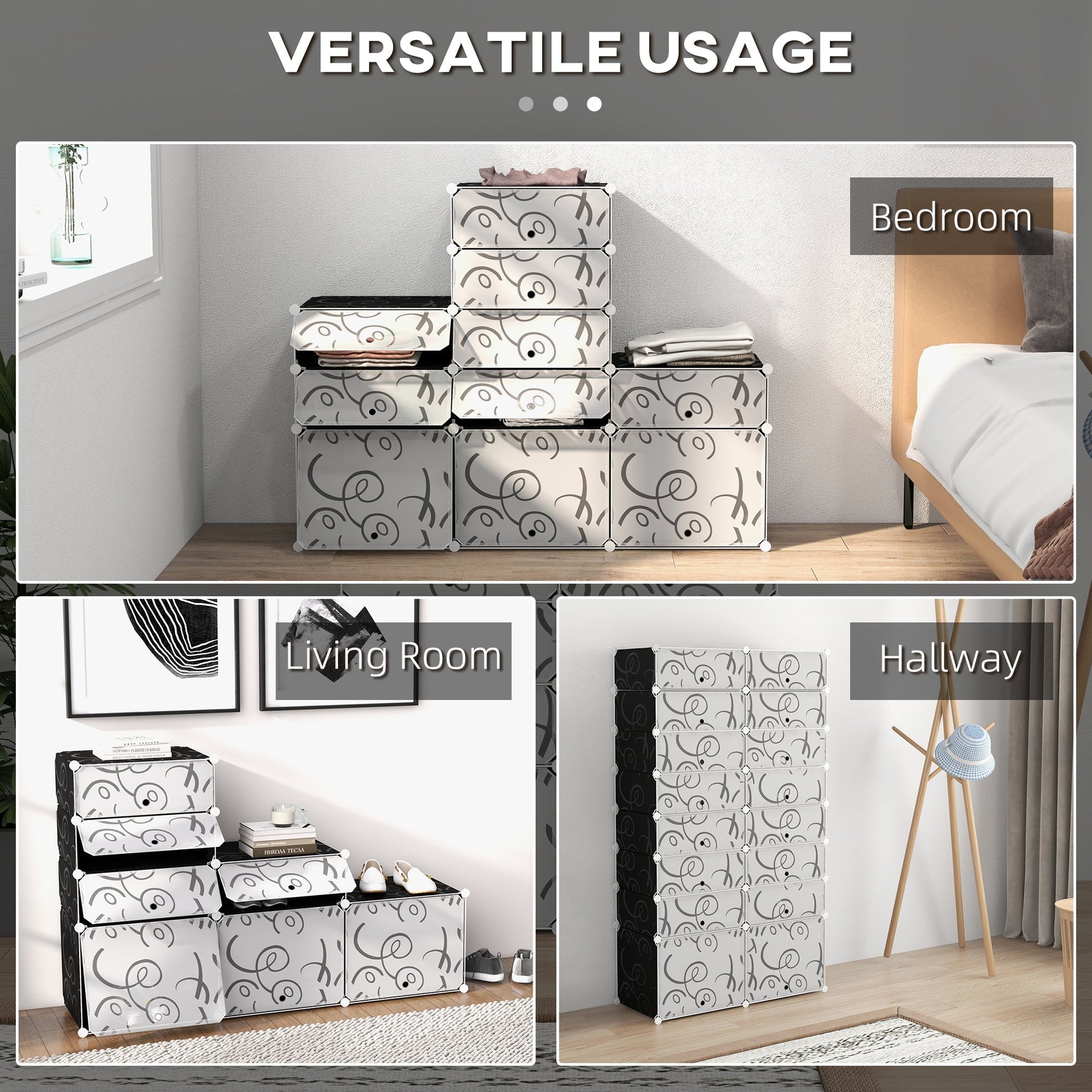 DIY Shoe Cabinet, 16 Compartments, Modular Wardrobe, PP Black + White