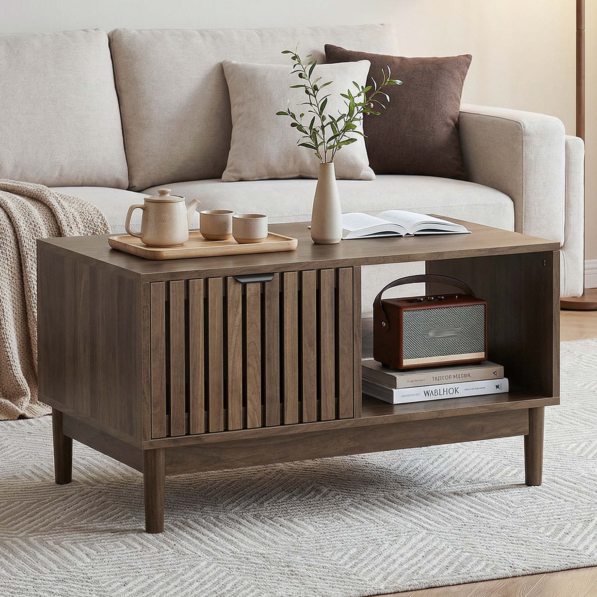 80 cm Coffee Table, Mid-Century Modern with Drawer and Open Shelves, Walnut Color