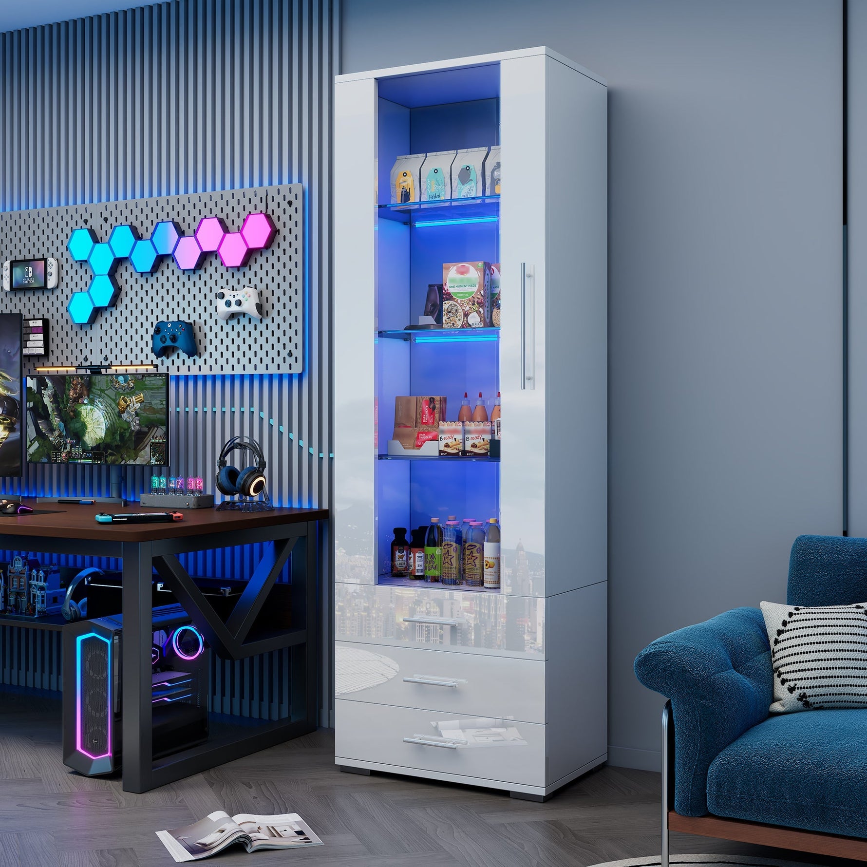 Display Cabinet Freestanding LED Glass 3 Drawers 60x35x180cm, High-Gloss White