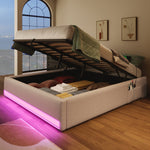 Upholstered Bed 140x200cm Hydraulic Storage LED USB/Type-C Pockets - Beige
