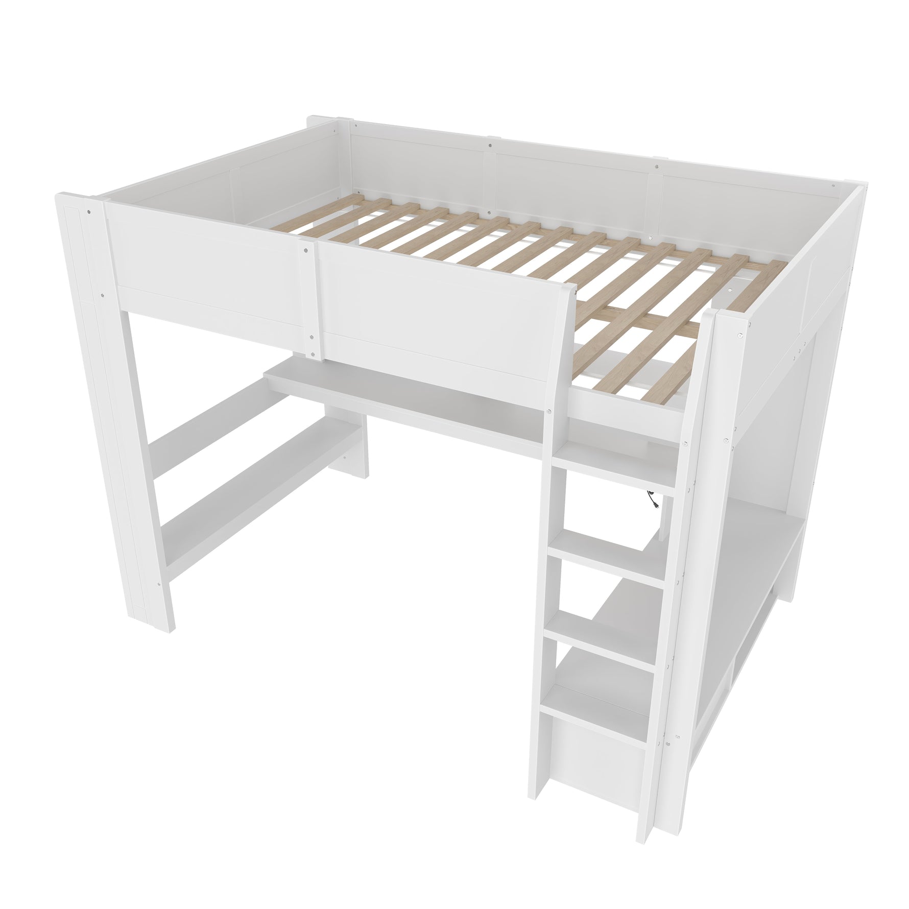 Loft Bed 140x200cm Gaming Desk LED Drawer Shelves - White