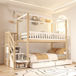 Bunk Bed, 90*200 cm House Shape, Safety Rail, Storage, and Ladder, Solid Wood White/Natural