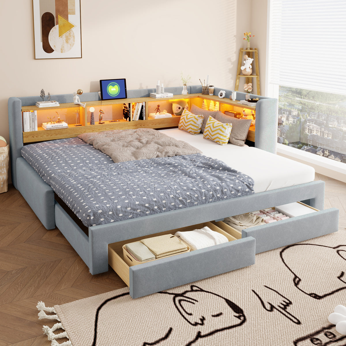 3-in-1 Extendable Sofa Bed 90x200cm with LED & Drawers, Wood