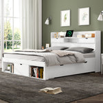 Multifunctional Double Bed with USB Port, Drawers and Storage Cabinet, 160x200cm, White