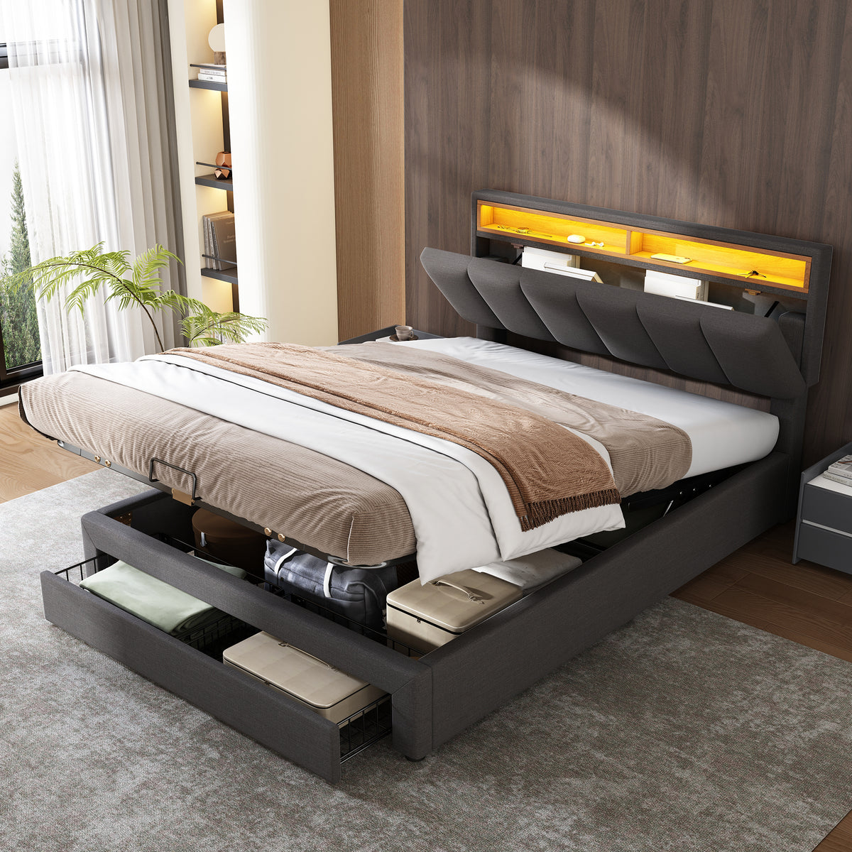 Upholstered Storage Bed 140x200cm LED Light & Drawers, Grey Linen
