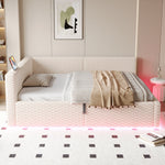 Upholstered Bed 140x200cm with LED, USB, L-Shaped Backrest and Hydraulic Frame, Beige Velvet