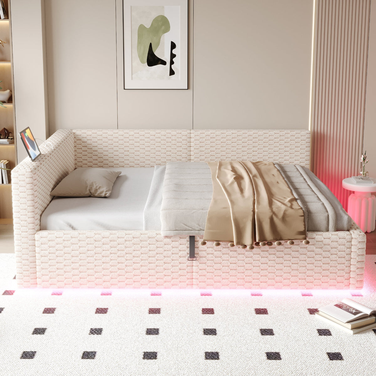 Upholstered Bed 140x200cm with LED, USB, L-Shaped Backrest and Hydraulic Frame, Beige Velvet