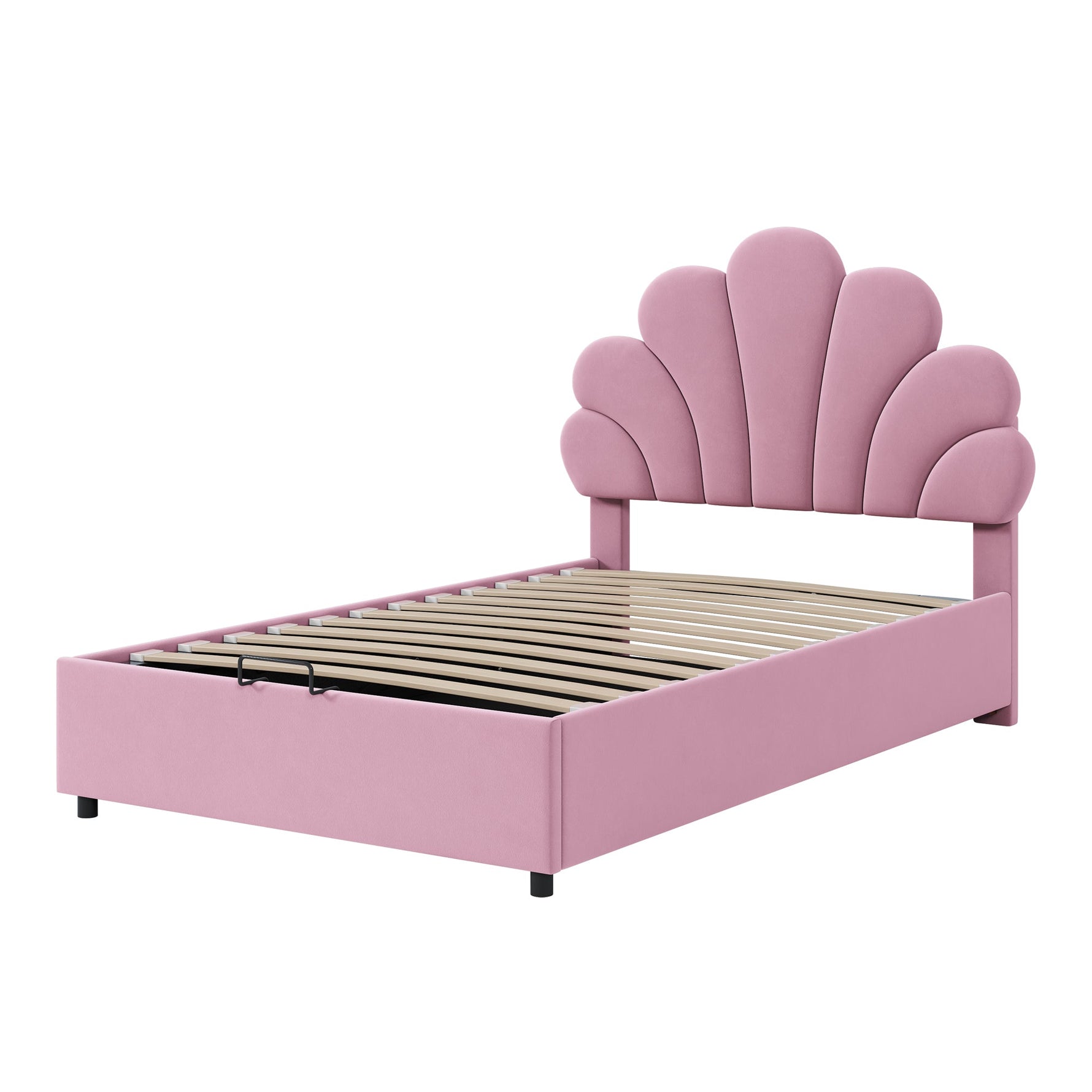 Upholstered Double Bed 90x200cm Floral Headboard Hydraulic Storage Velvet Beige/Pink