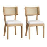 Solid Wood Dining Chairs with Rattan Backrests and Linen Seats, Set of 2, Wood Color