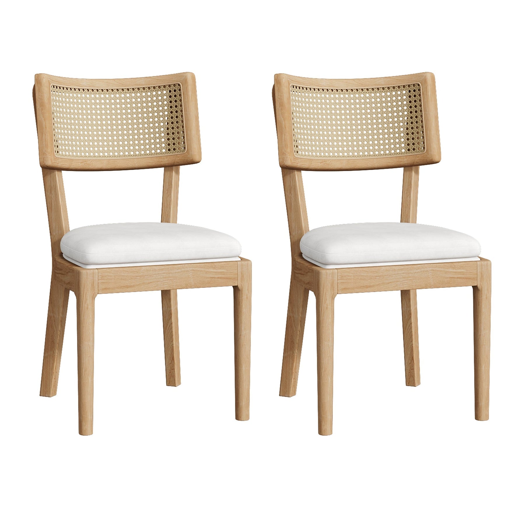 Solid Wood Dining Chairs with Rattan Backrests and Linen Seats, Set of 2, Wood Color