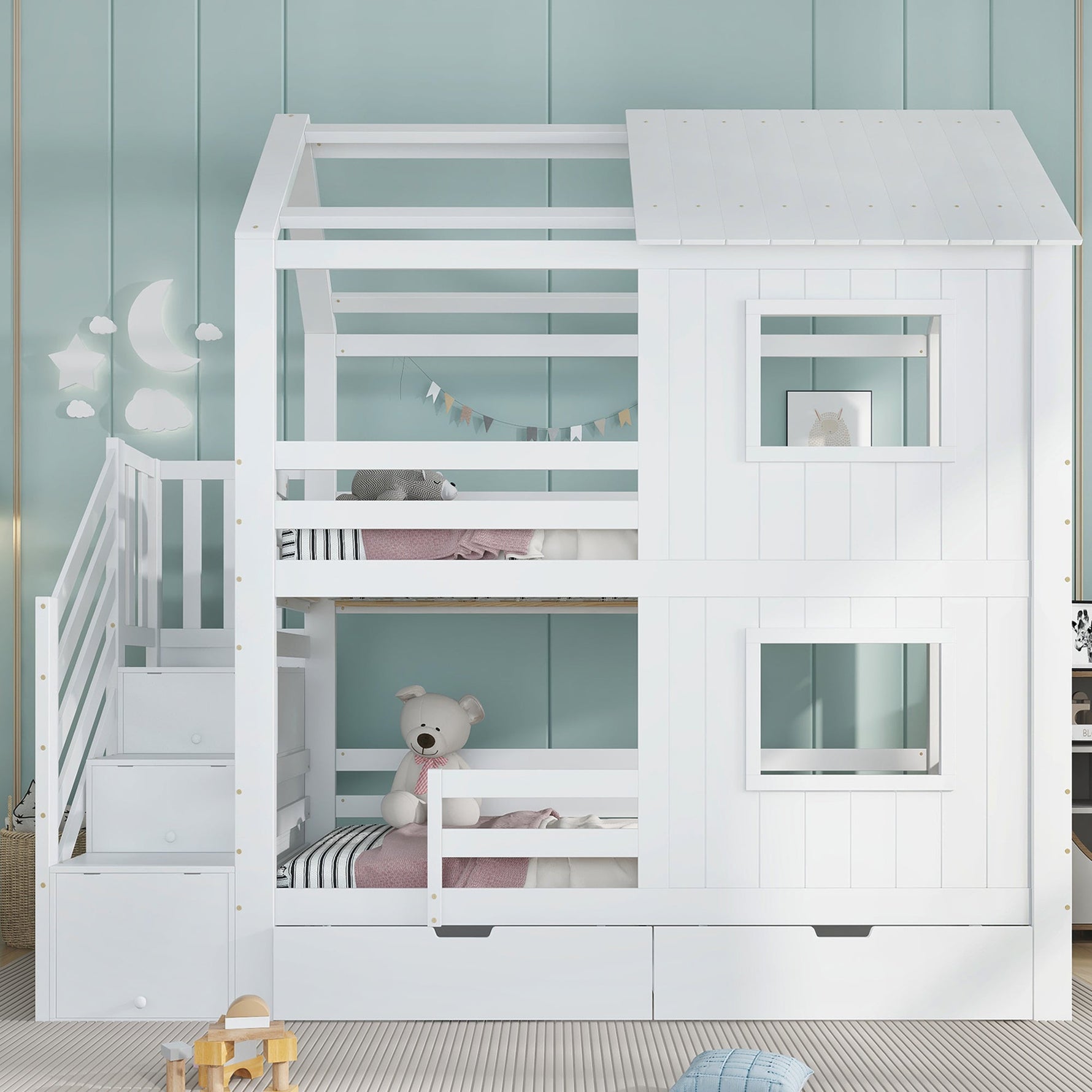 Bunk Bed with Stair Wardrobe, Storage, Window/Roof, 90x200cm, Pine/MDF/Plywood White