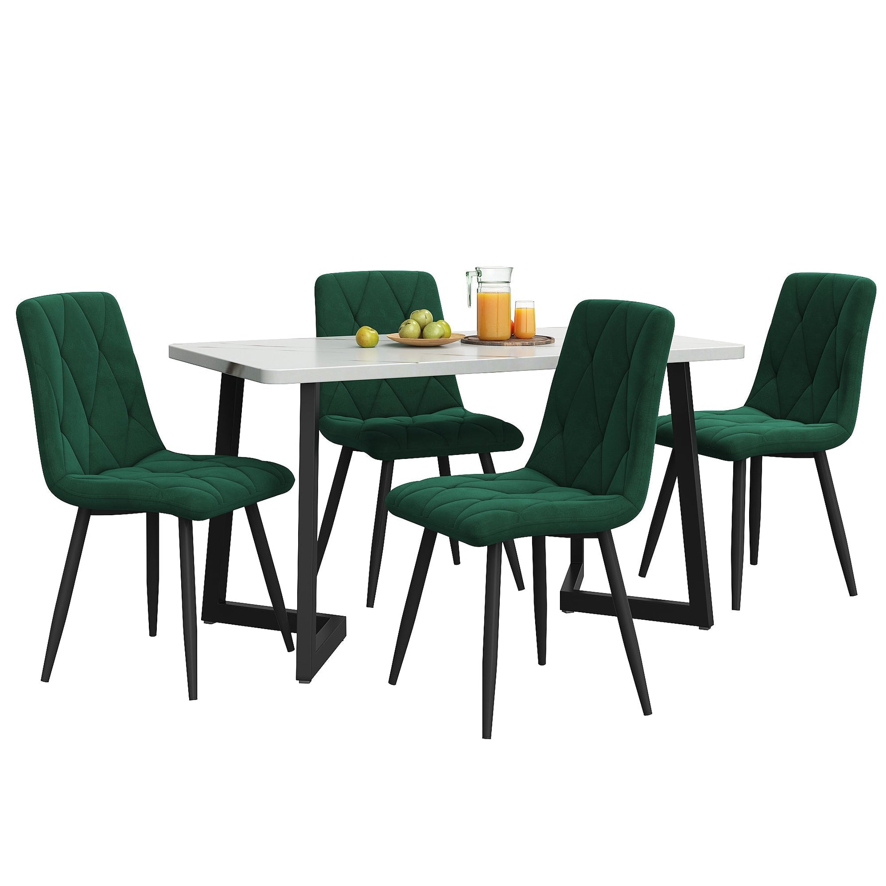 Dining Set 5-Piece 117x68cm Rectangular Table 4 Dark Green Twill Velvet Chairs Black