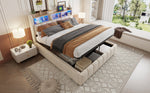 Upholstered Bed 180x200cm LED/USB, Hydraulic Storage Headboard, Beige Linen Fabric