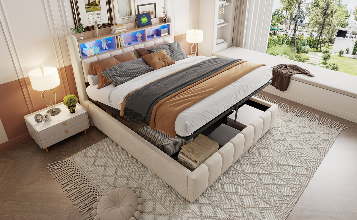 Upholstered Bed 180x200cm LED/USB, Hydraulic Storage Headboard, Beige Linen Fabric