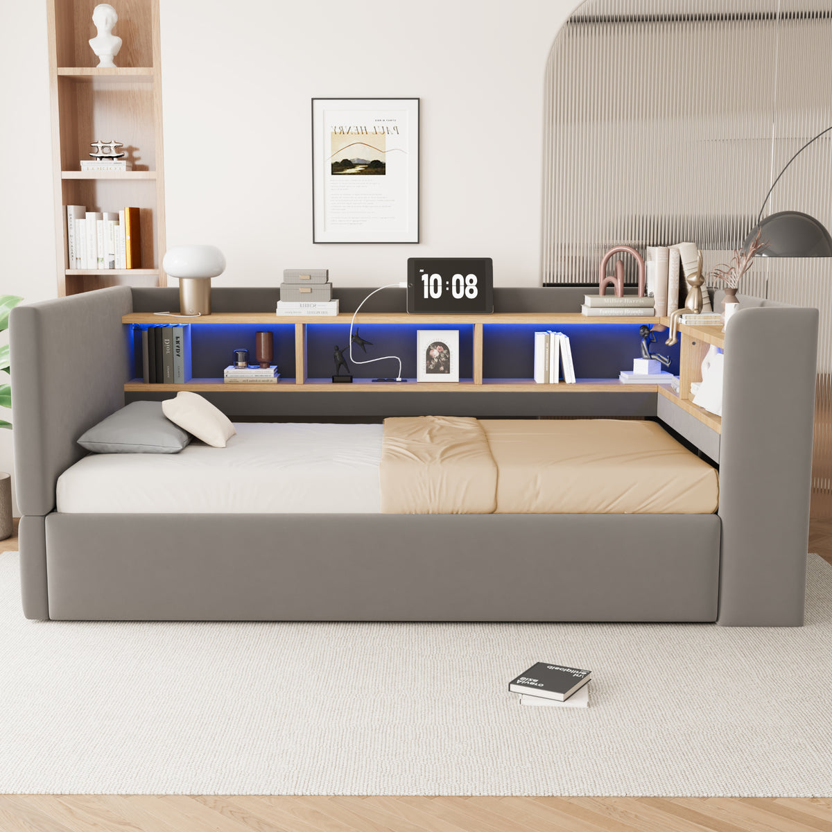 Hydraulic Sleeper Sofa Bed 90x190cm with LED & Storage, Dark Grey