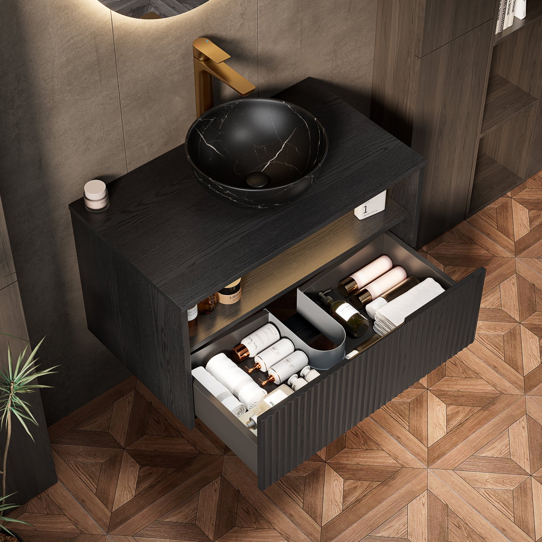 Floating Bathroom Washbasin with Ceramic Bowl and Sensor Light, 80cm Black Plywood Cabinet