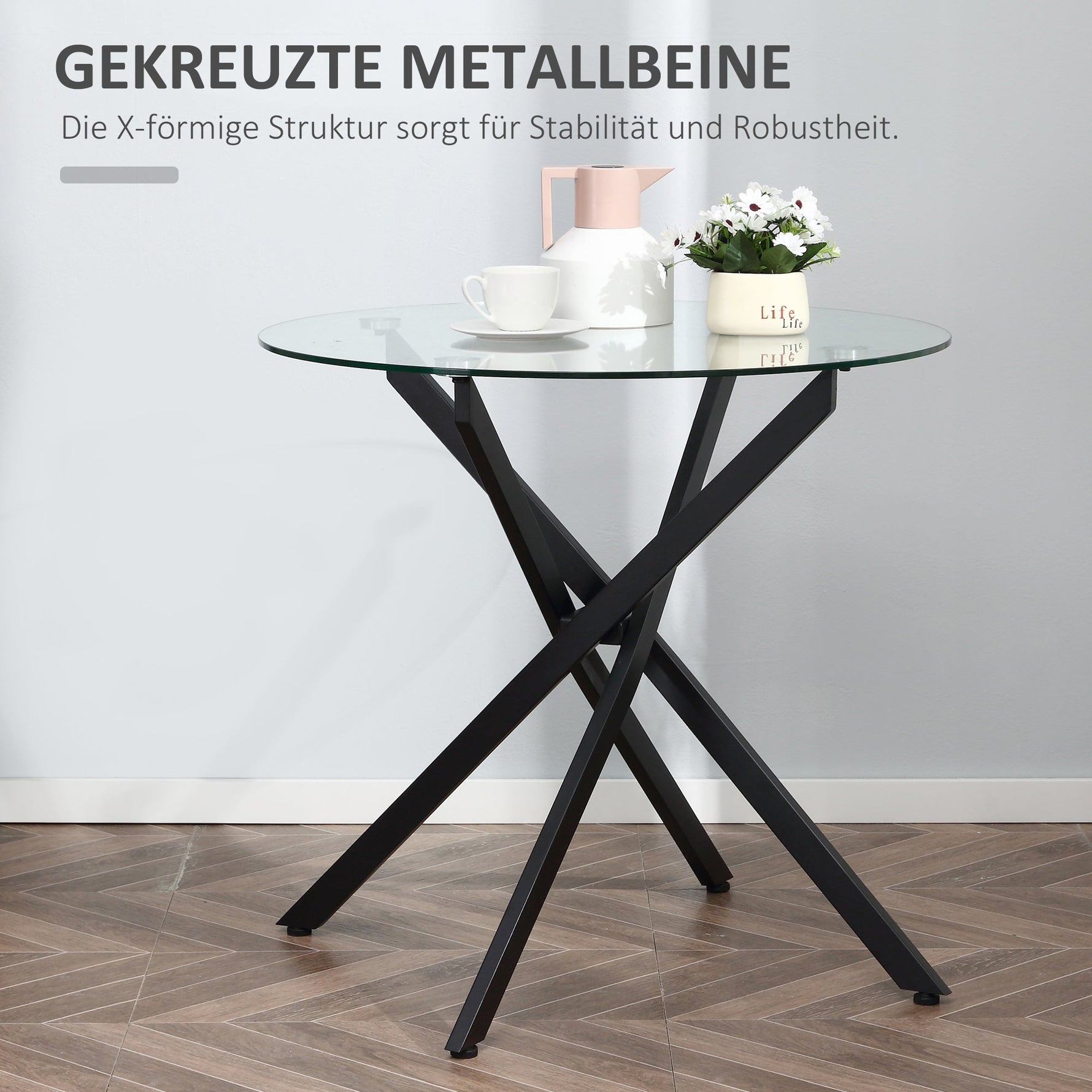 Coffee Table, Round Glass Side Table with Safety Glass, Black Metal Frame