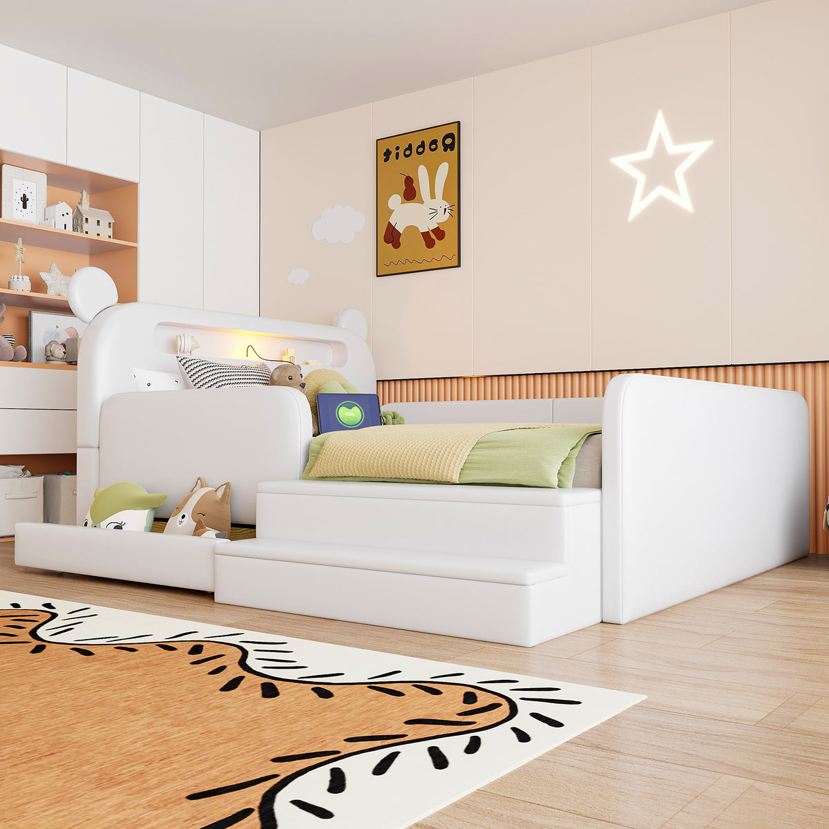 Children's Upholstered Bed 140x200 Bear Headboard White Faux Leather