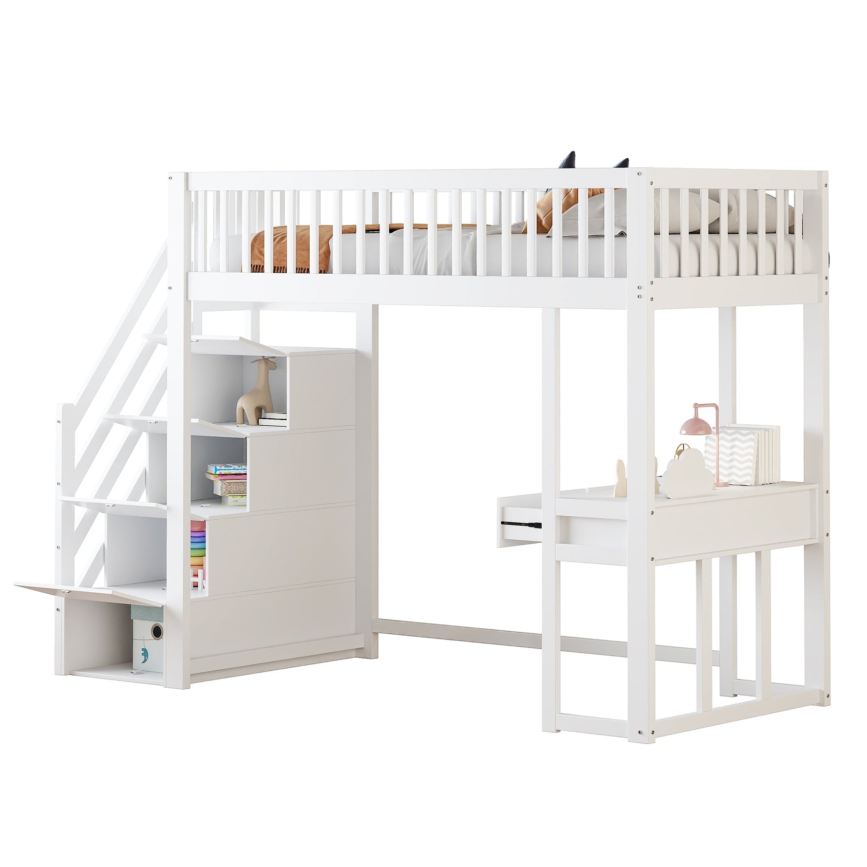 Loft Bed with Multifunctional Table and Storage Stairs, 90x200cm, White Pine Wood