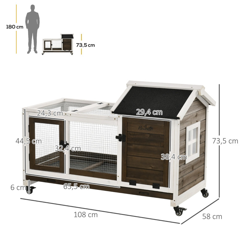 Small Animal Hutch for Dwarf Rabbits, Guinea Pigs, with Wheels, Coffee