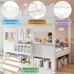 Loft Bed with House-Shaped Design, Bookshelf and Slatted Base, 90x200cm, White Pine + MDF