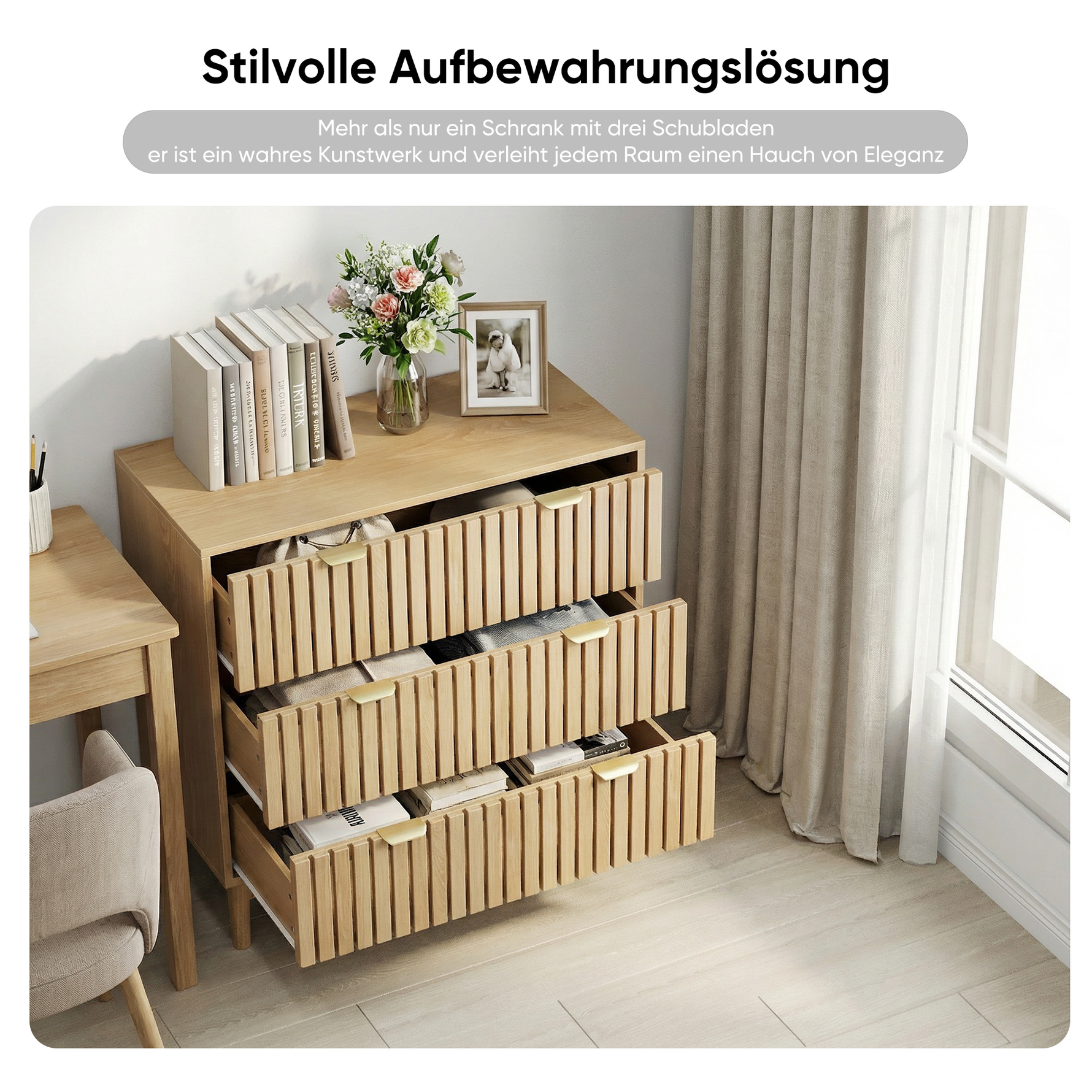 Modern Chest of Drawers, 3 Drawer Medieval Country Style Storage Cabinet for Bedroom and Living Room, Oak Wood