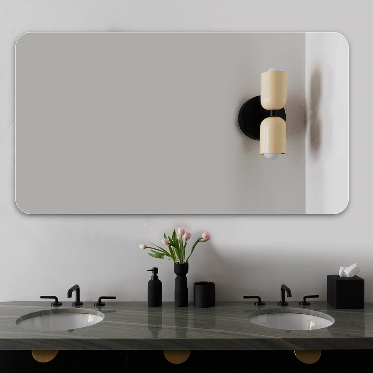Frameless Bathroom Mirror 90x70 cm, Rounded Corners, Silver Glass