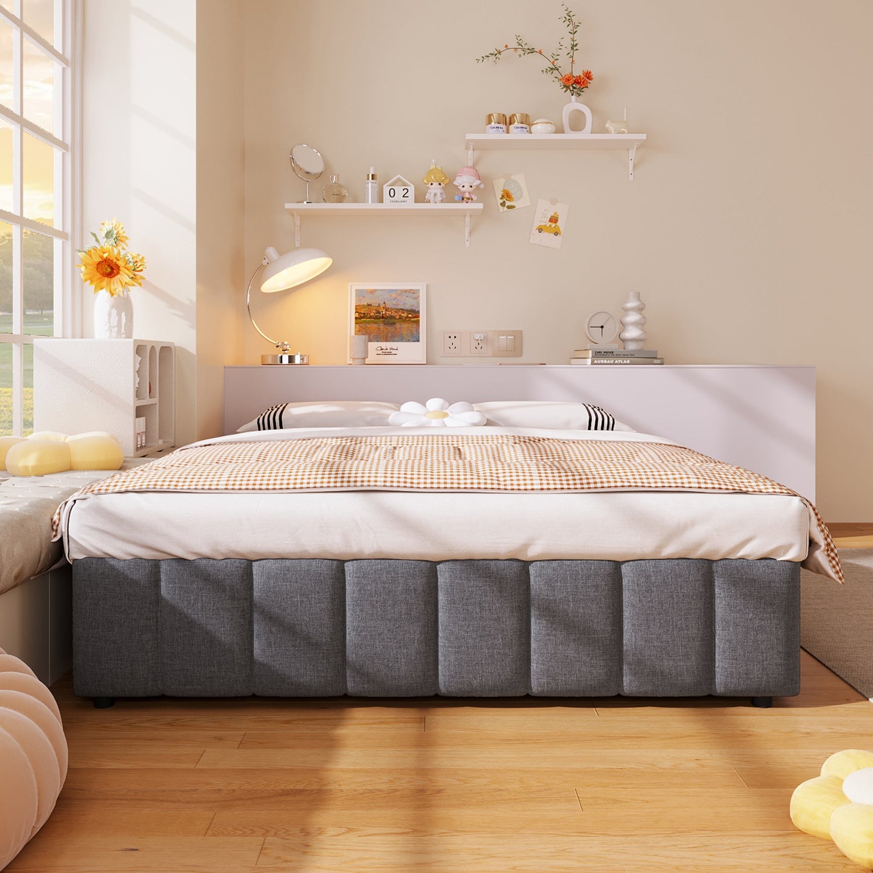 Upholstered Bed with Hydraulic Storage and No Headboard, 140x200cm, Grey Linen